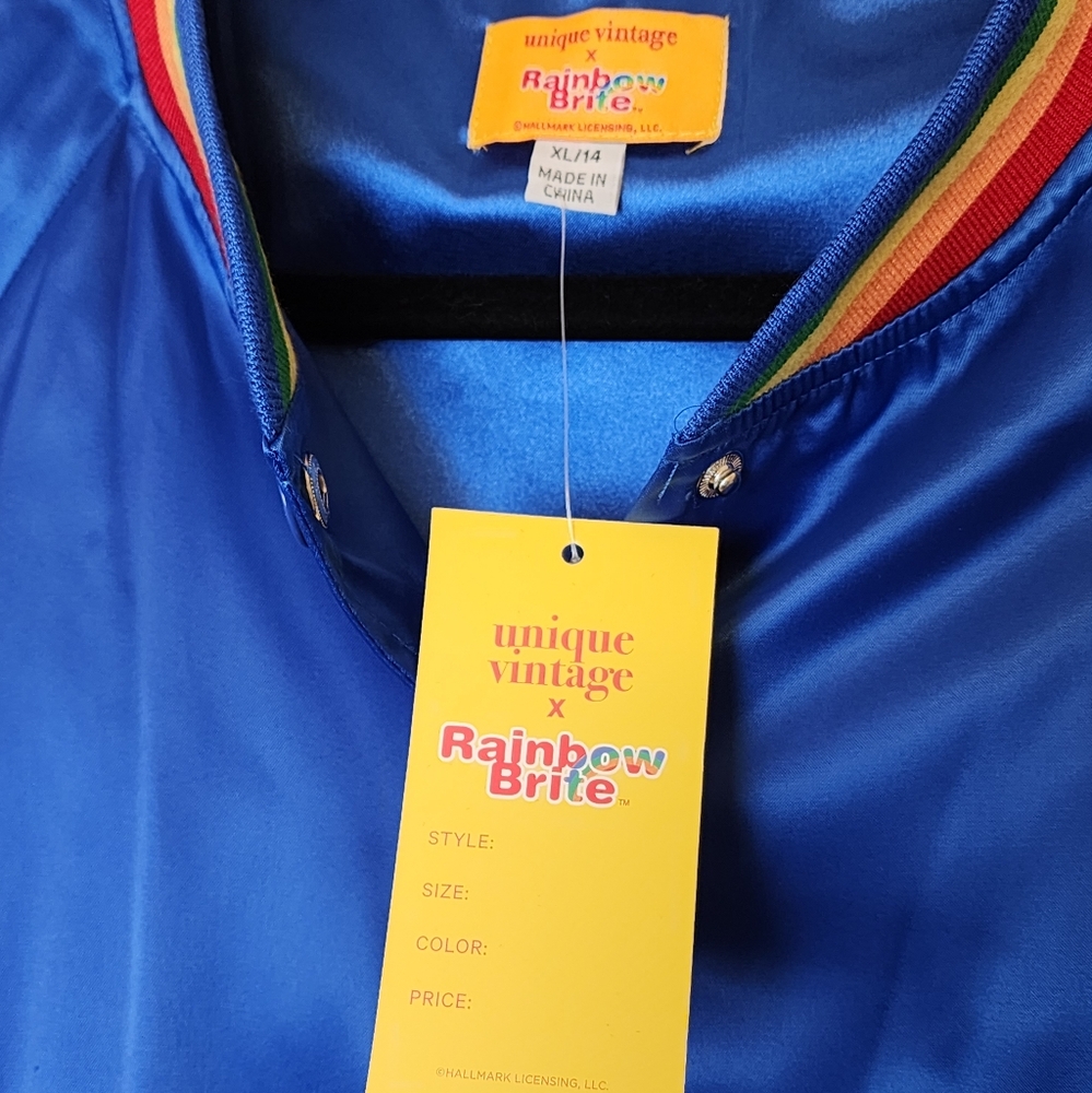 Unique Vintage X Rainbow Brite Royal Blue Satin Bomber Jacket NWT Size XL - Picture 7 of 9